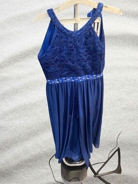 Girls Royal Blue Lace Bodice High-Low Formal Dress with Beaded Waist